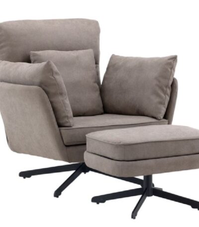 Fauteuil gris avec repose-pieds Magalas en tissu bouclé avec coussins et piètement noir dans un salon contemporain
