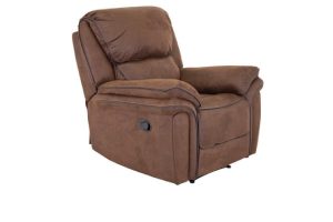 Fauteuil inclinable marron Salvino (1) Fauteuil inclinable marron Salvino en microfibre avec repose-jambes intégré dans un salon contemporain