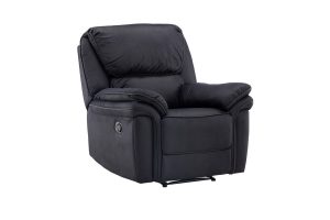 Fauteuil inclinable noir Salvino esprit rotin (16) Fauteuil inclinable noir Salvino en microfibre avec repose-jambes intégré dans un salon contemporain