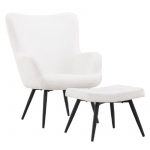 Fauteuil relax blanc Komodor avec repose-pieds en tissu bouclé et piètement noir dans un salon contemporain