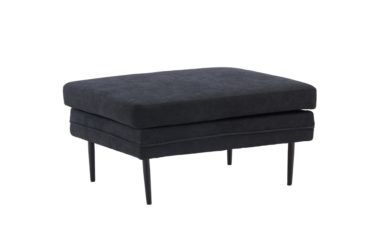 Pouf noir Bosco en tissu lin polyester, pouf rectangulaire avec pieds métal noir pour salon
