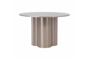Table basse beige Olga en MDF, table basse ronde effet bois pour salon.