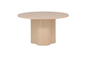 Table basse blanchie Olga en MDF, table basse ronde effet bois avec piètement sculptural