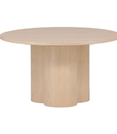 Table basse blanchie Olga en MDF, table basse ronde effet bois avec piètement sculptural