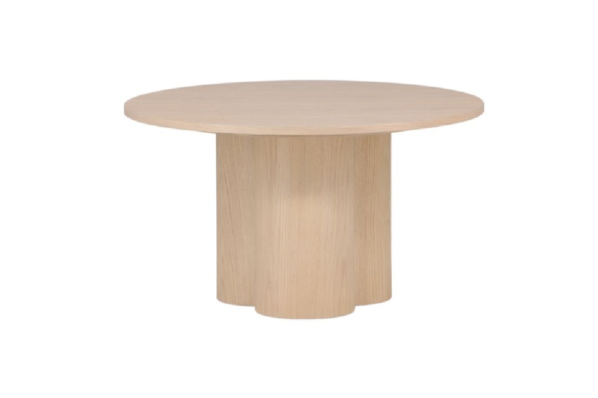Table basse blanchie Olga en MDF, table basse ronde effet bois avec piètement sculptural