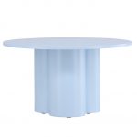 Table basse bleu Olga esprit rotin home (1) Table basse bleue Olga en MDF, table basse ronde effet bois avec piètement sculptural