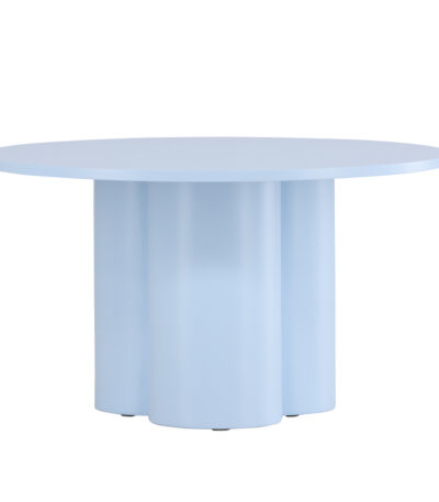 Table basse bleue Olga en MDF, table basse ronde effet bois avec piètement sculptural