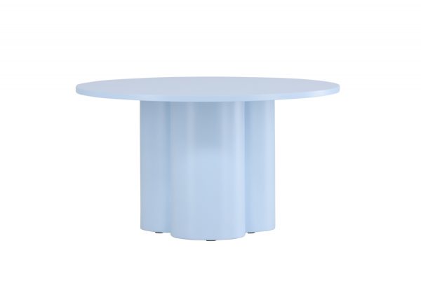 Table basse bleu Olga esprit rotin home (1) Table basse bleue Olga en MDF, table basse ronde effet bois avec piètement sculptural