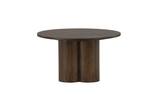 Table basse marron Olga en MDF, table basse ronde effet bois avec piètement sculptural