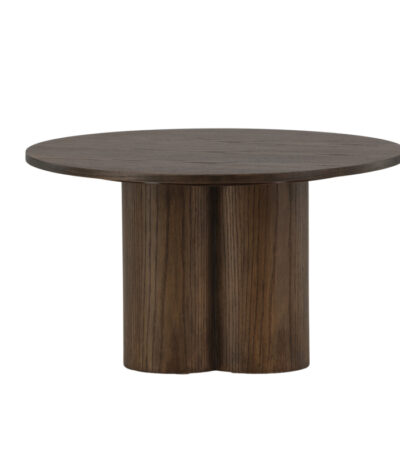 Table basse marron Olga en MDF, table basse ronde effet bois avec piètement sculptural