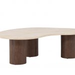Table basse moka Mélina 130x78 (1) Table basse mokka Mélina 130x78, une table basse design avec plateau beige et pieds cylindriques mokka