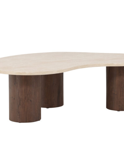 Table basse mokka Mélina 130x78, une table basse design avec plateau beige et pieds cylindriques mokka