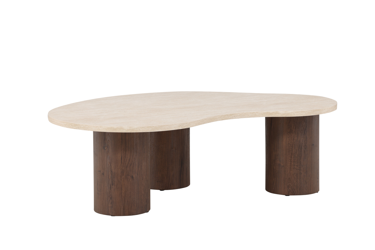 Table basse mokka Mélina 130x78, une table basse design avec plateau beige et pieds cylindriques mokka