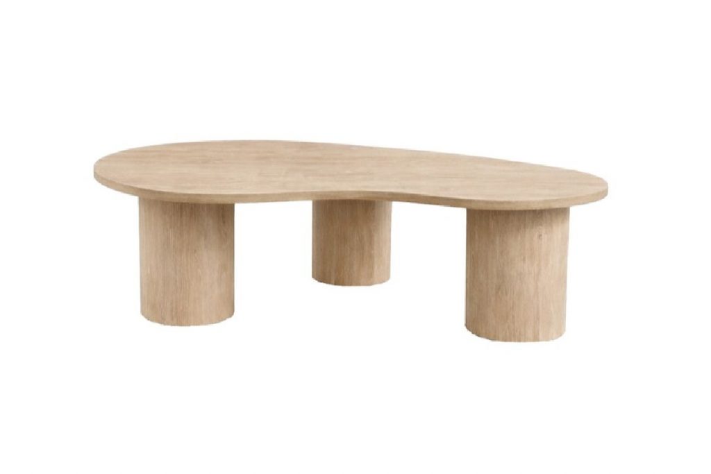 Table basse Mélina 130x78 avec plateau organique et pieds cylindriques pour salon.