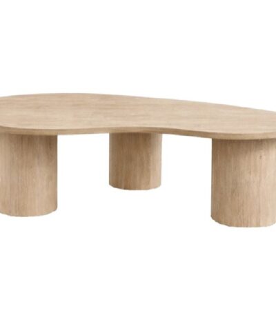 Table basse Mélina 130x78 avec plateau organique et pieds cylindriques pour salon.