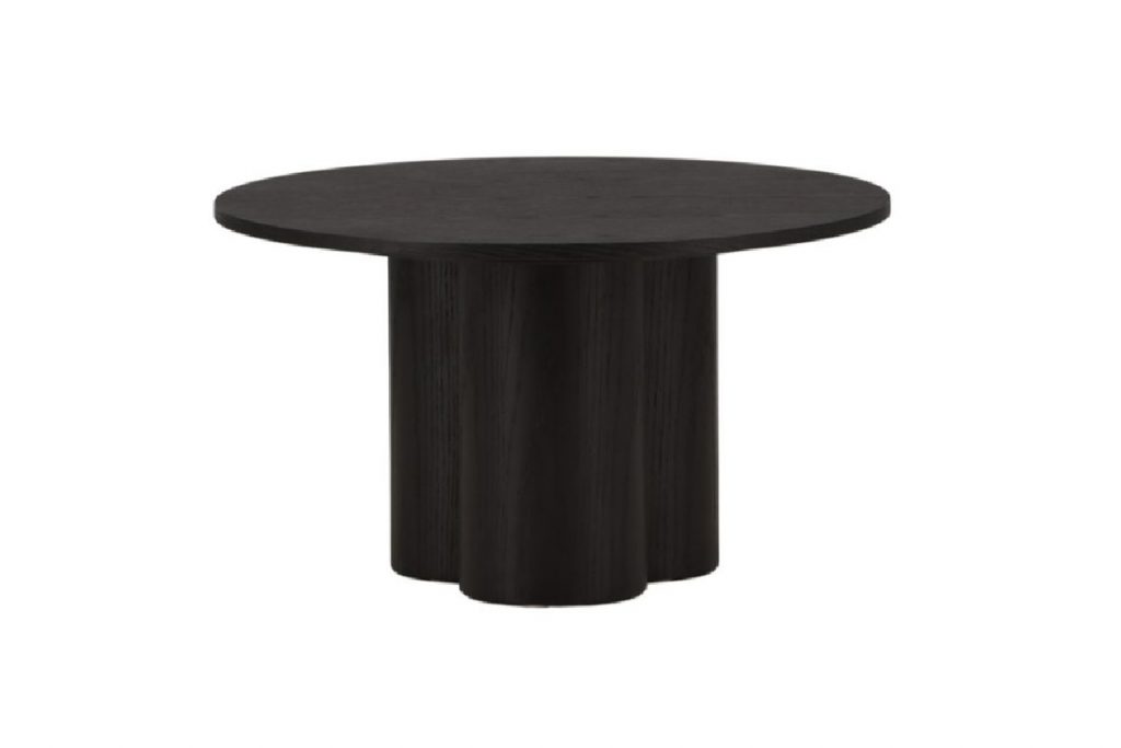 Table basse noire Olga en MDF, table basse ronde effet bois avec piètement sculptural