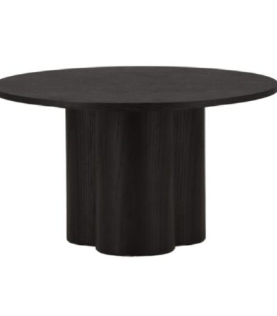 Table basse noire Olga en MDF, table basse ronde effet bois avec piètement sculptural