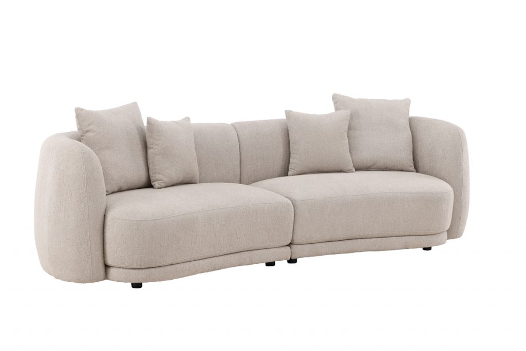 Canapé 3 places Cilio beige en tissu bouclé avec lignes arrondies et assise généreuse