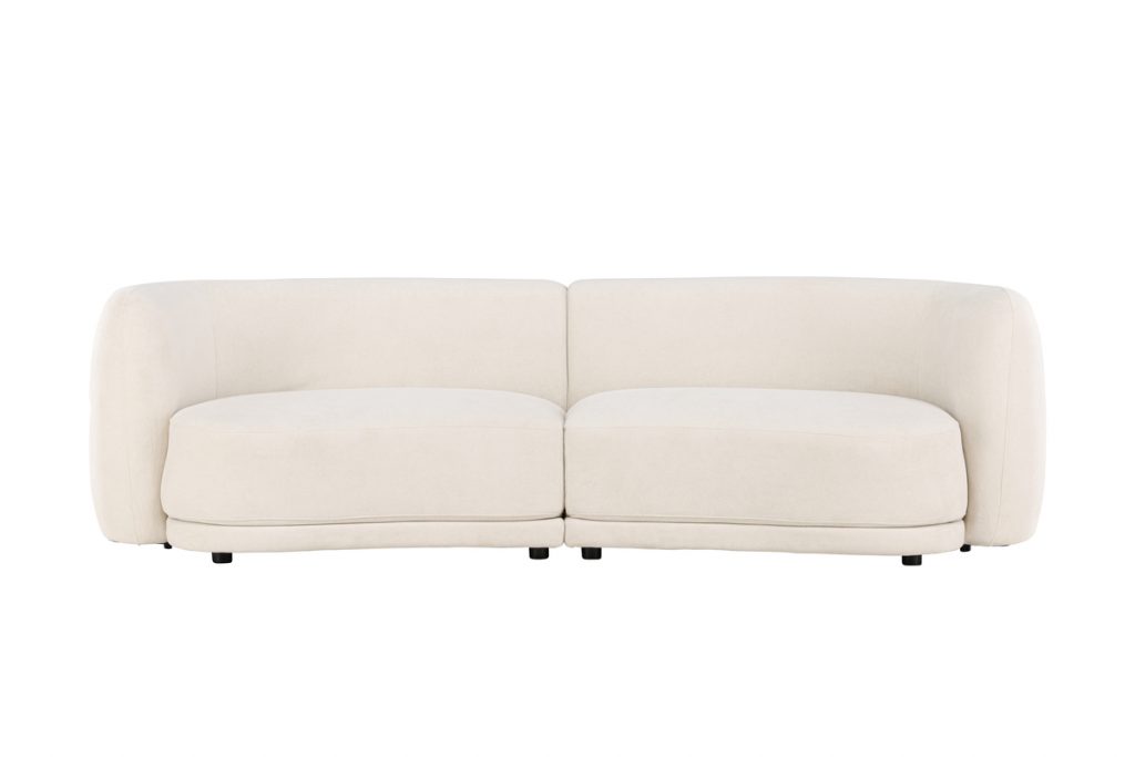Canapé 3 places Cilio blanc en tissu bouclé avec lignes arrondies et design contemporain