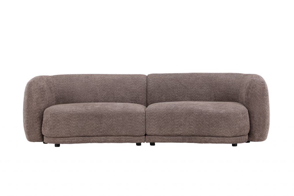 Canapé 3 places Cilio marron en tissu bouclé avec lignes arrondies et assise confortable