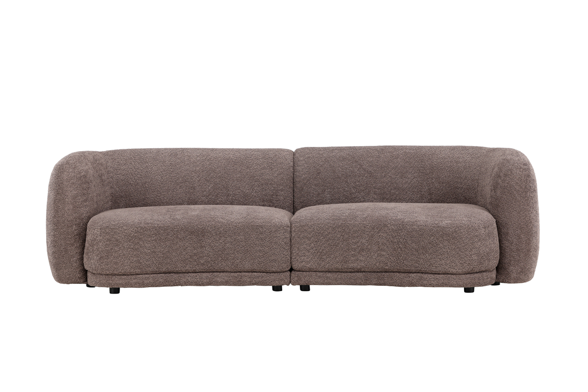 Canapé 3 places Cilio marron en tissu bouclé avec lignes arrondies et assise confortable