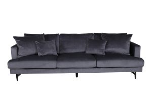Canapé 3 places Soren gris foncé en velours avec pieds en acier, canapé confortable au design contemporain pour salon élégant