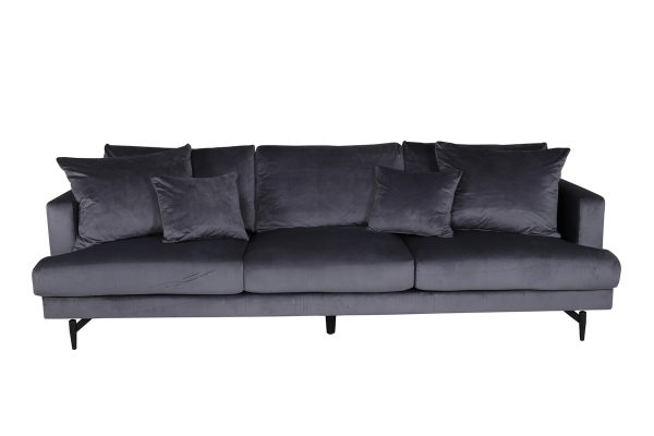 Canapé 3 places Soren gris foncé en velours avec pieds en acier, canapé confortable au design contemporain pour salon élégant