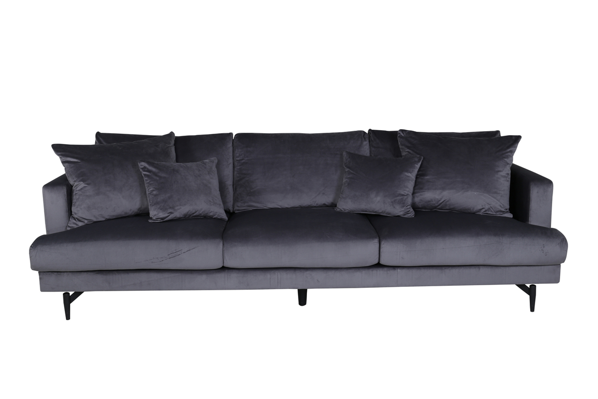 Canapé 3 places Soren gris foncé en velours avec pieds en acier, canapé confortable au design contemporain pour salon élégant