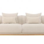 Canapé 3 places Moris beige en tissu effet lin avec base en chêne, canapé confortable au design contemporain