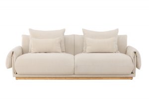 Canapé 3 places Moris beige en tissu effet lin avec base en chêne, canapé confortable au design contemporain