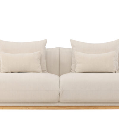 Canapé 3 places Moris beige en tissu effet lin avec base en chêne, canapé confortable au design contemporain