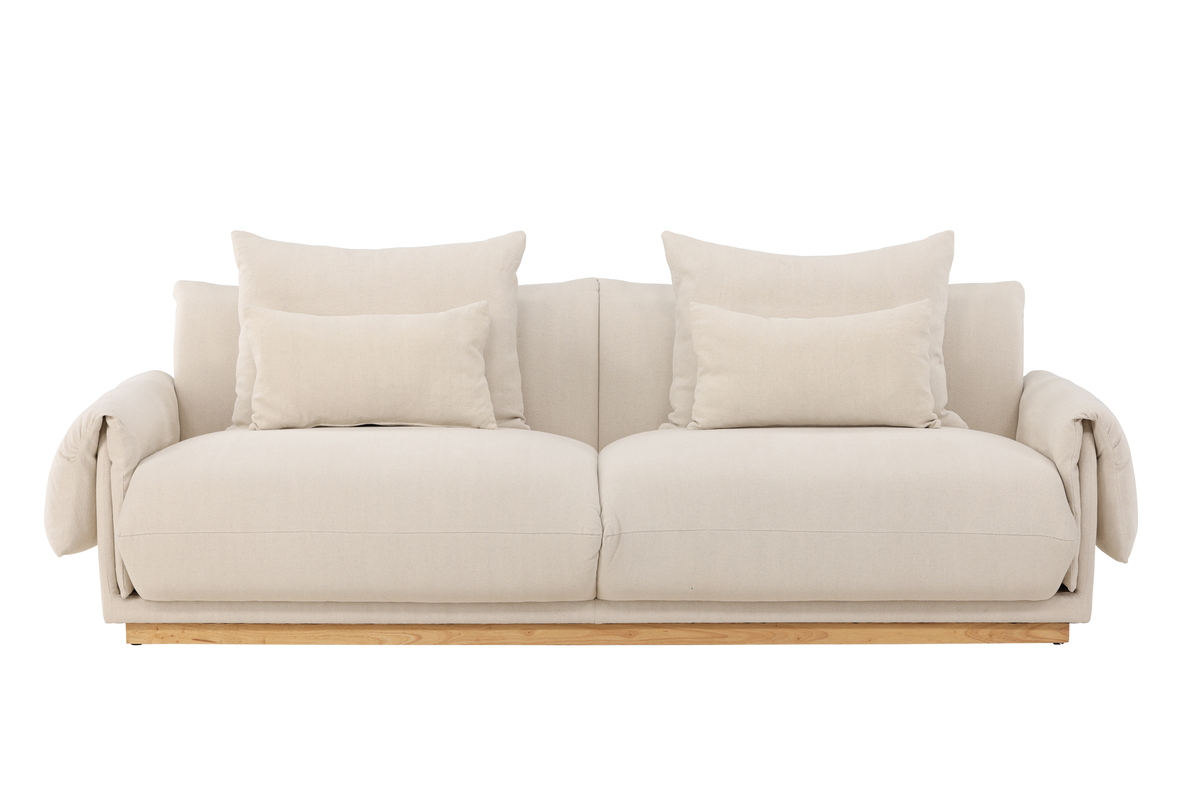 Canapé 3 places Moris beige en tissu effet lin avec base en chêne, canapé confortable au design contemporain