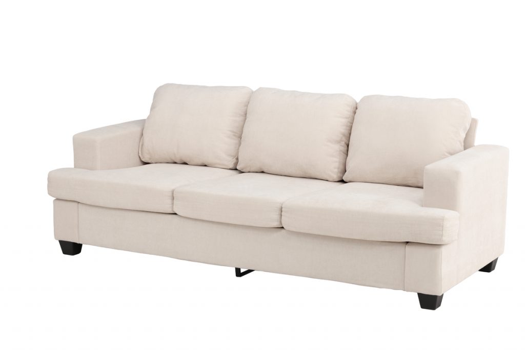 Canapé 3 places Sacha en tissu chenille beige avec assise profonde et lignes contemporaines