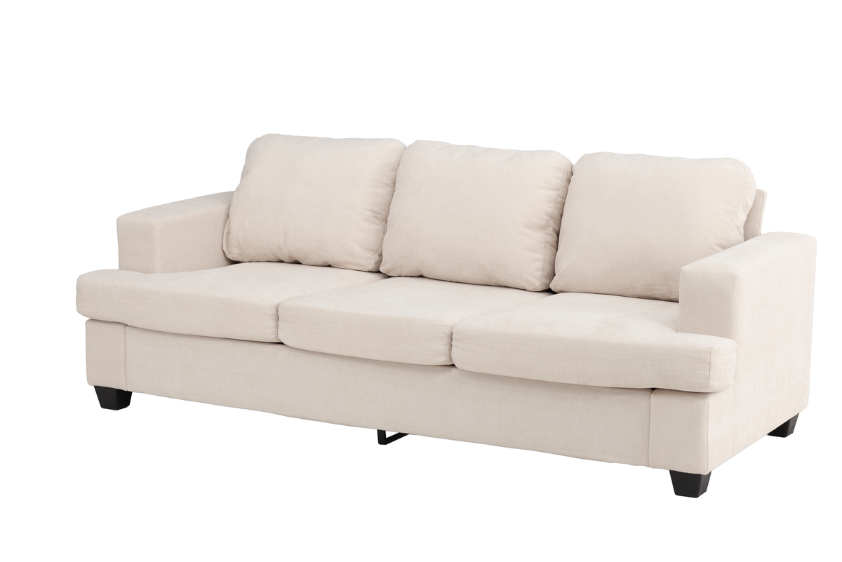 Canapé 3 places Sacha en tissu chenille beige avec assise profonde et lignes contemporaines