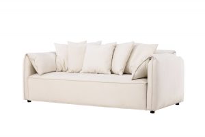 Canapé 3 places Torres blanc en tissu polyester avec pieds en bouleau, canapé confortable au design contemporain
