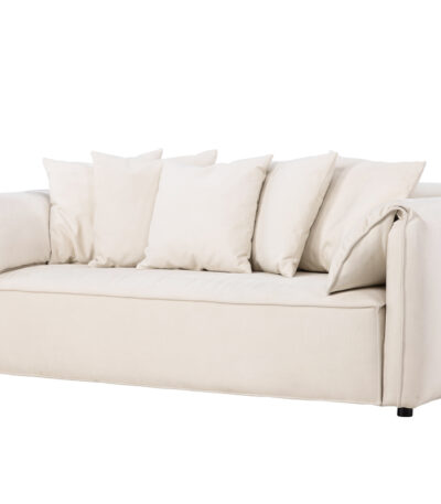 Canapé 3 places Torres blanc en tissu polyester avec pieds en bouleau, canapé confortable au design contemporain