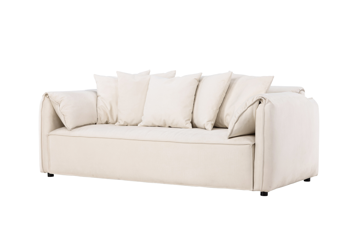 Canapé 3 places Torres blanc en tissu polyester avec pieds en bouleau, canapé confortable au design contemporain