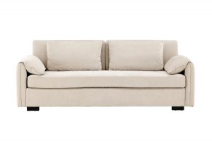 Canapé 3 places Mae beige en tissu avec pieds en hévéa, canapé confortable au design contemporain