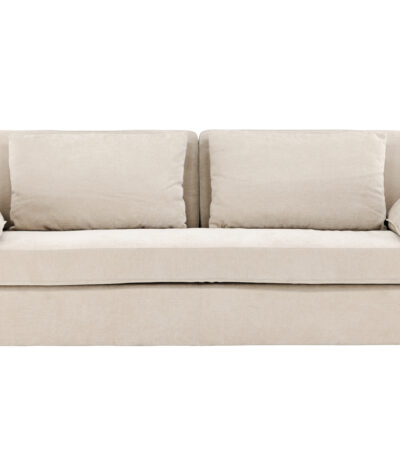 Canapé 3 places Mae beige en tissu avec pieds en hévéa, canapé confortable au design contemporain