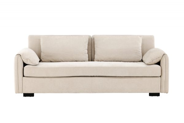 Canapé 3 places Mae beige en tissu avec pieds en hévéa, canapé confortable au design contemporain