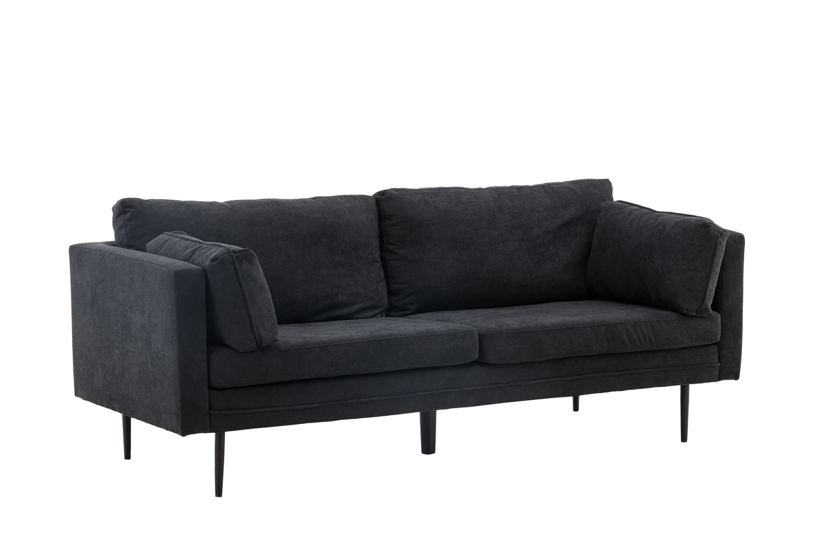 Canapé 3 places Bosco noir en tissu effet lin avec pieds en acier, canapé confortable au design scandinave contemporain