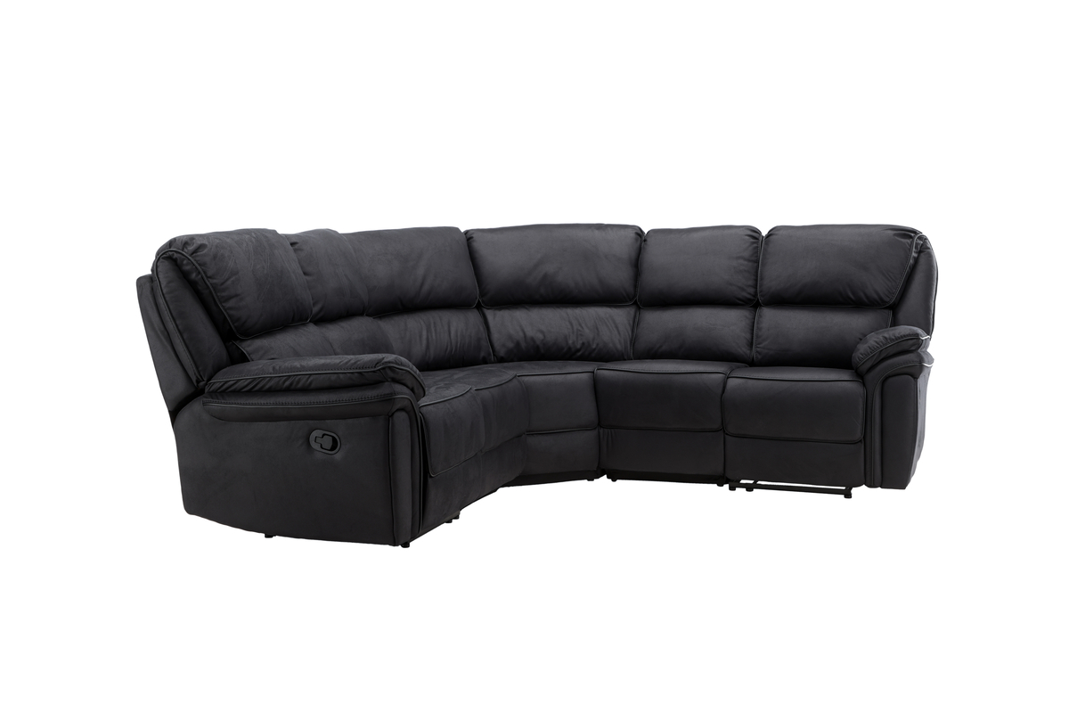 Canapé d'angle inclinable noir Salvino en microfibre avec fonction relax et assises généreuses - Canapé 5 places