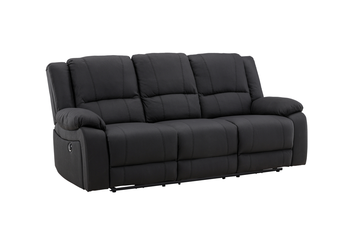 Canapé inclinable 3 places Sirat noir en tissu avec dossiers relax et structure métal, canapé confortable au design contemporain