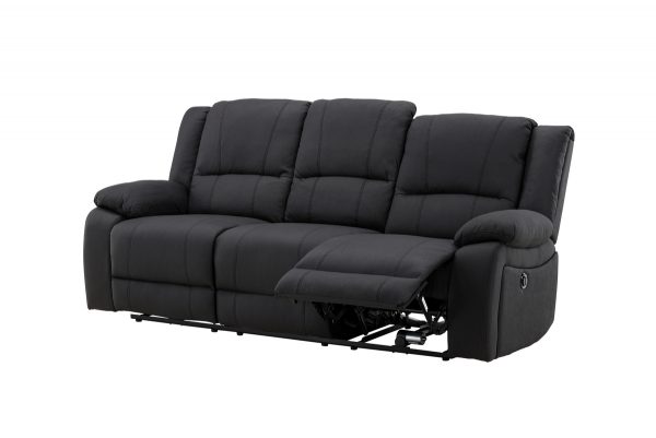 Canapé inclinable 3 places Sirat noir en tissu avec dossiers relax et structure métal, canapé confortable au design contemporain