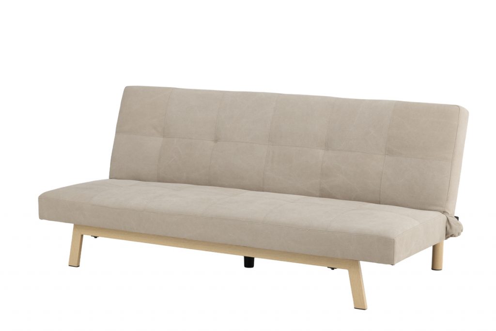 Canapé-lit Bocar beige en tissu aspect lin avec structure acier finition bois