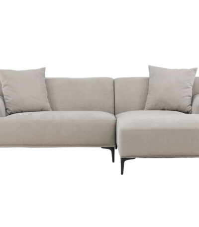 Canapé d’angle 3 places Victor gris clair en tissu avec méridienne et pieds en métal, canapé confortable au design contemporain