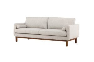 Canapé 3 places Oleg beige en tissu avec structure en bois d’hévéa, canapé confortable au design contemporain pour salon chaleureux