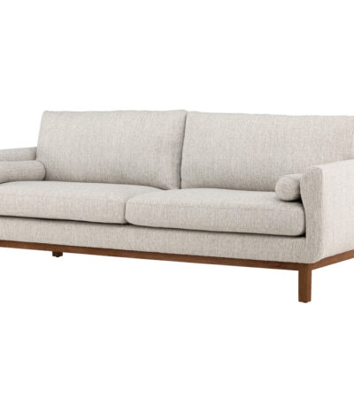 Canapé 3 places Oleg beige en tissu avec structure en bois d’hévéa, canapé confortable au design contemporain pour salon chaleureux