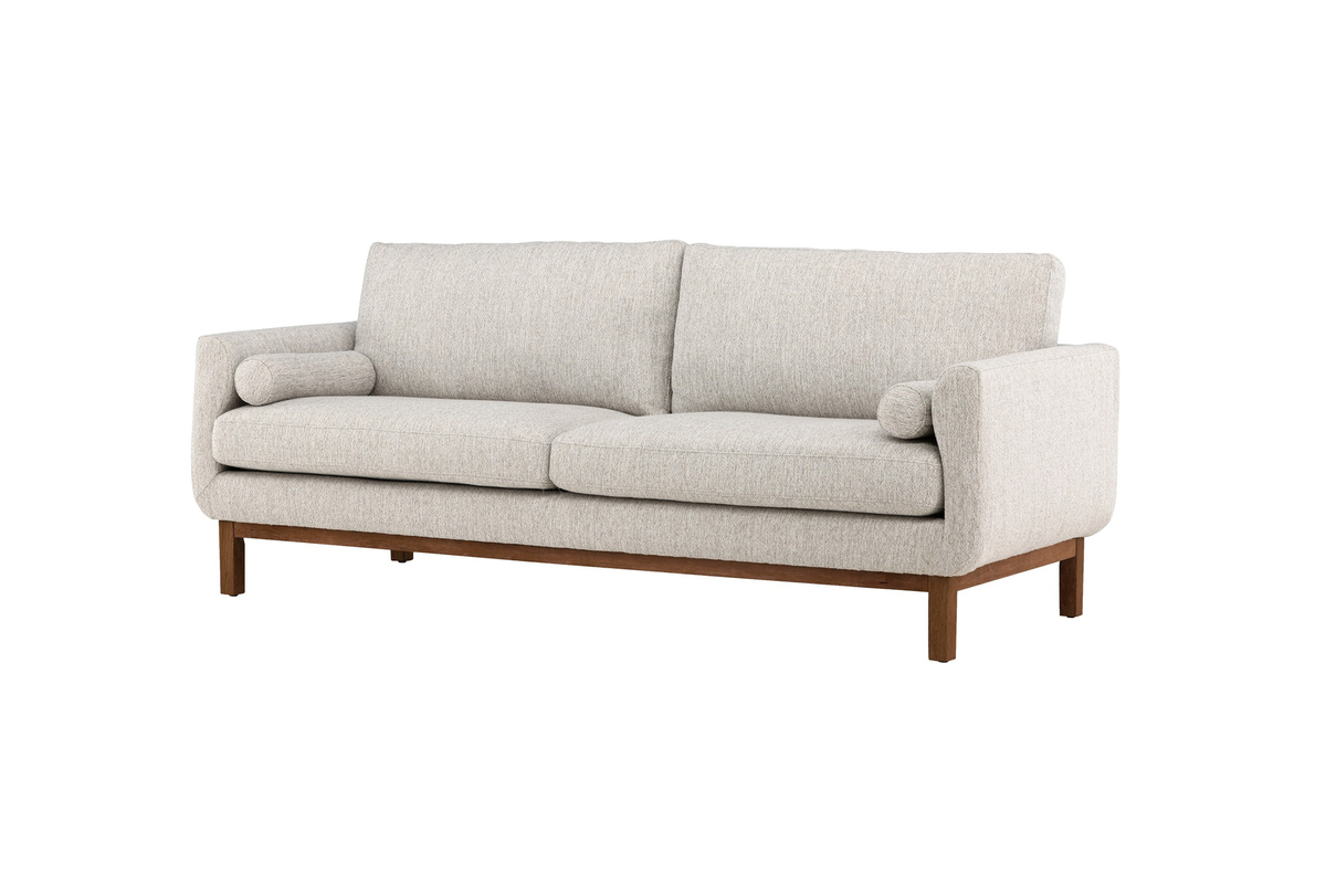 Canapé 3 places Oleg beige en tissu avec structure en bois d’hévéa, canapé confortable au design contemporain pour salon chaleureux