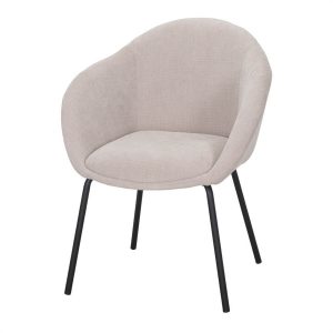 Chaise rembourrée beige Marvens en tissu avec pieds noirs pour espace repas.
